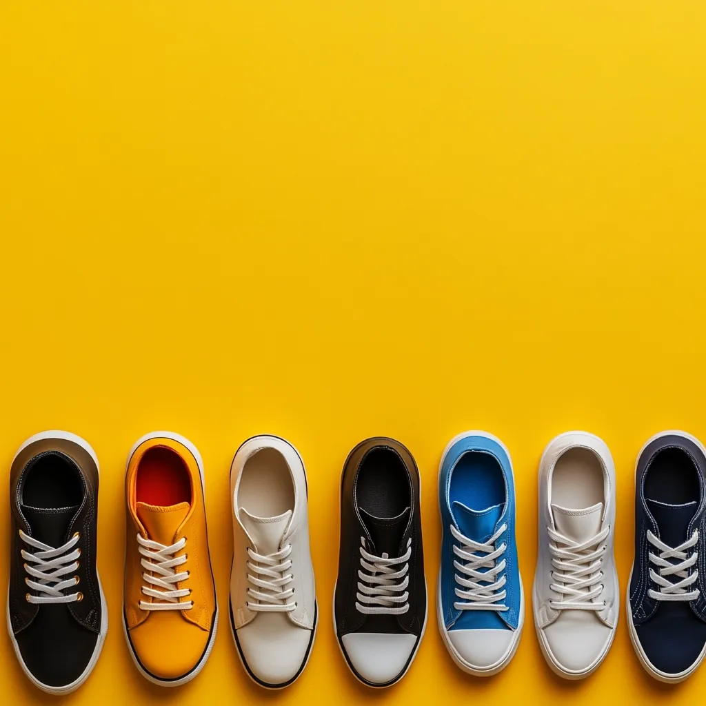 A row of colorful canvas sneakers sits against a vibrant yellow background.  The shoes are in various colors including black, yellow, white, blue, off-white, and navy.  They are arranged neatly, showcasing a variety of simple, stylish footwear options. The bright yellow backdrop provides a cheerful contrast to the shoes.