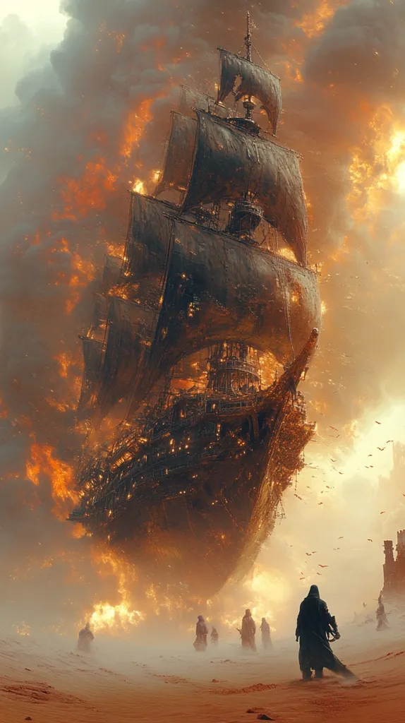 A colossal, burning galleon dominates the sky, its fiery wreckage casting an orange glow on the desolate, sandy landscape below.  Several cloaked figures, dwarfed by the immense vessel, stand in the hazy distance, seemingly observing the apocalyptic scene. Birds scatter amidst the smoke and flames, creating a dramatic and otherworldly atmosphere. The image is evocative of fantasy and destruction.