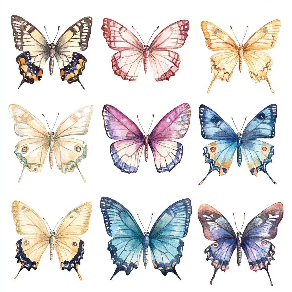 A collection of nine watercolor butterflies, each depicted with intricate details and vibrant colors.  The butterflies showcase a variety of species and color palettes, ranging from soft pastels to rich jewel tones.  They are arranged in a grid pattern against a white background, creating a visually appealing and harmonious composition.  The artistic style is delicate and detailed, capturing the beauty and fragility of these insects.