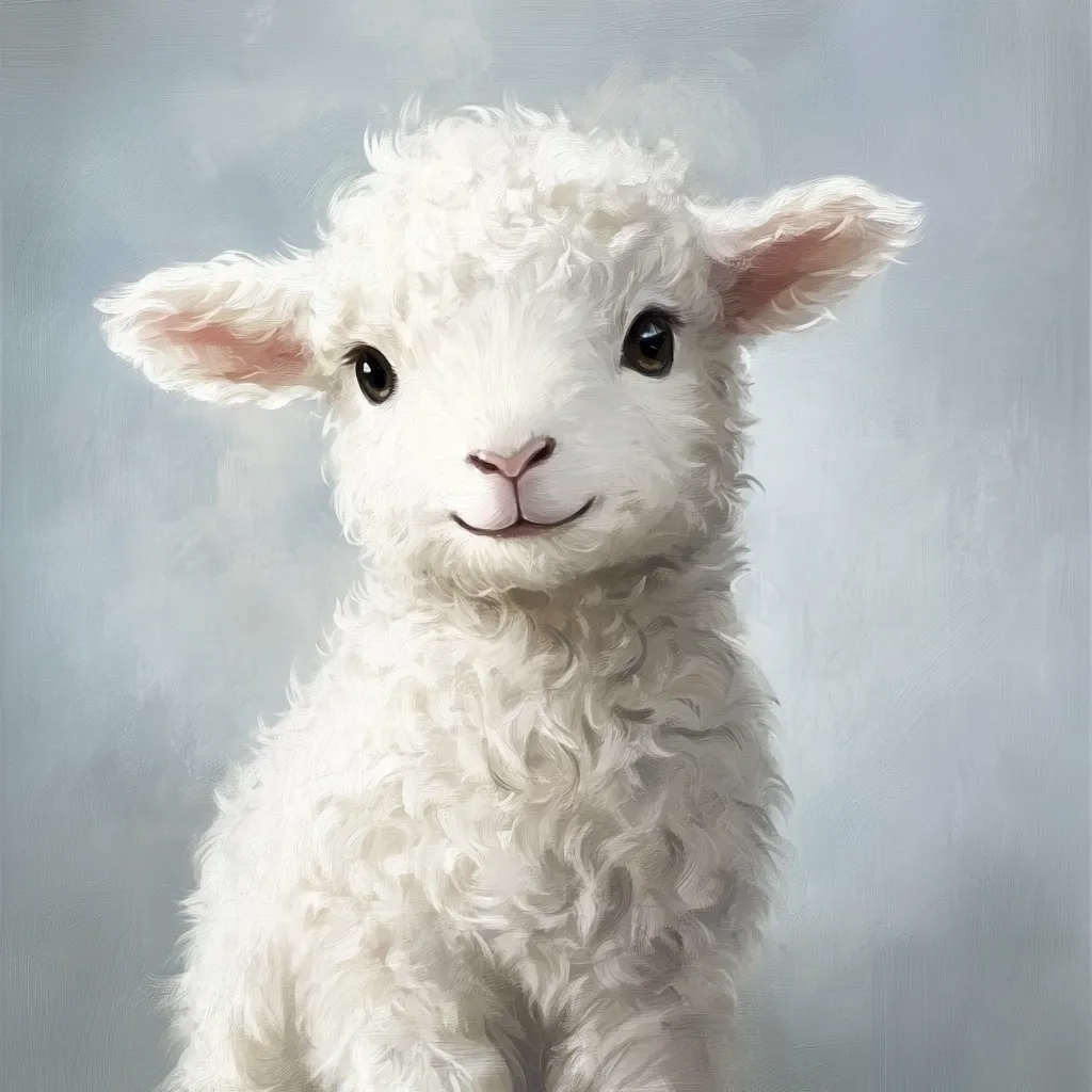 A charming painting features a fluffy white lamb.  Its large, expressive brown eyes and gentle smile create a heartwarming image.  The lamb's thick, curly fleece is meticulously detailed, contrasting against a soft, muted blue background.  The overall style is soft and whimsical, evoking feelings of innocence and serenity.