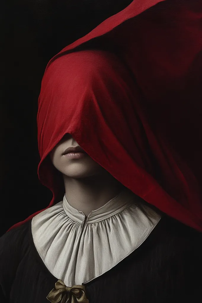 A portrait of a person shrouded in a deep red cloth, obscuring their face entirely. Only their mouth and chin are slightly visible. They wear a dark dress with a light, ruffled collar and a small gold bow. The image is dark and moody, creating an air of mystery and intrigue.  The rich textures of the fabric and the soft lighting enhance the dramatic effect.