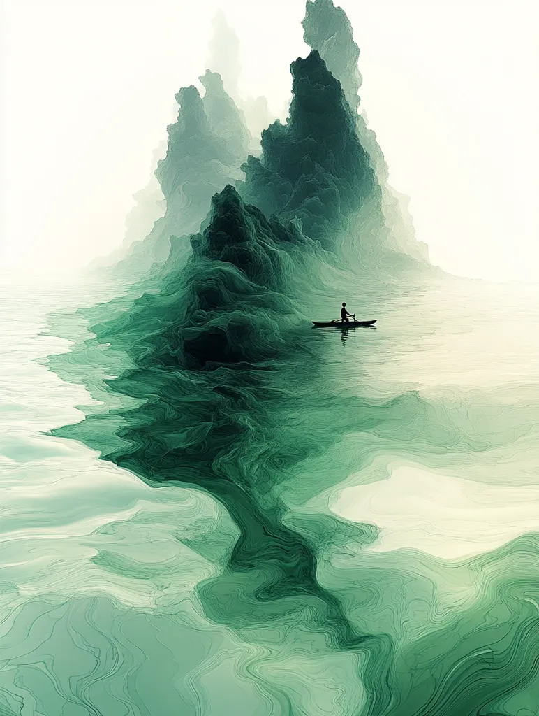A solitary figure in a small boat navigates serene, jade-green waters.  Surrounding them are ethereal, cloud-like mountains, their forms soft and suggestive of mist. The overall effect is one of tranquil isolation and otherworldly beauty, a dreamlike landscape painted in shades of green and white.  The water's surface reflects the muted light, enhancing the mystical atmosphere.