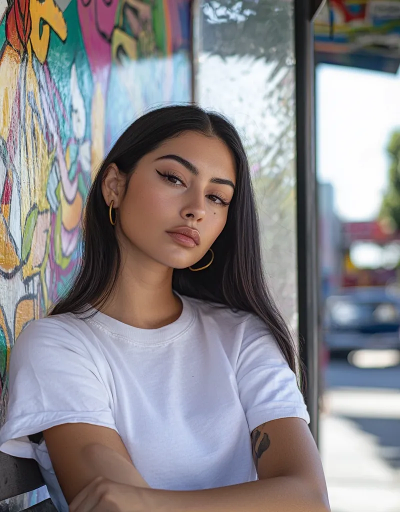 A young woman with long dark hair and gold hoop earrings leans against a vibrant graffiti-covered wall. She wears a simple white t-shirt and has a subtle, natural makeup look.  Her expression is serious, and her arms are crossed. The background is slightly blurred, showing a city street and a bus stop.