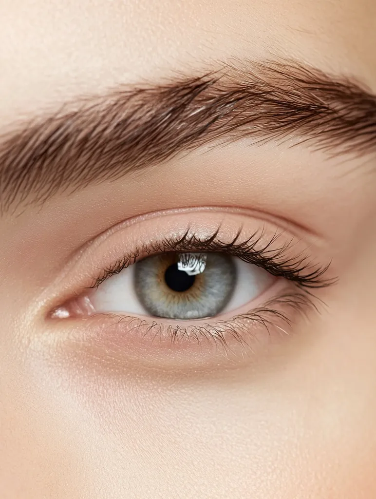 A close-up shot reveals a single, captivating eye.  The iris is a striking grey-green, surrounded by long, dark lashes.  The eyebrow above is meticulously groomed, dark brown and perfectly arched. The skin is smooth and flawlessly toned, highlighting the eye's beauty. The overall image is one of natural beauty and flawless makeup application.