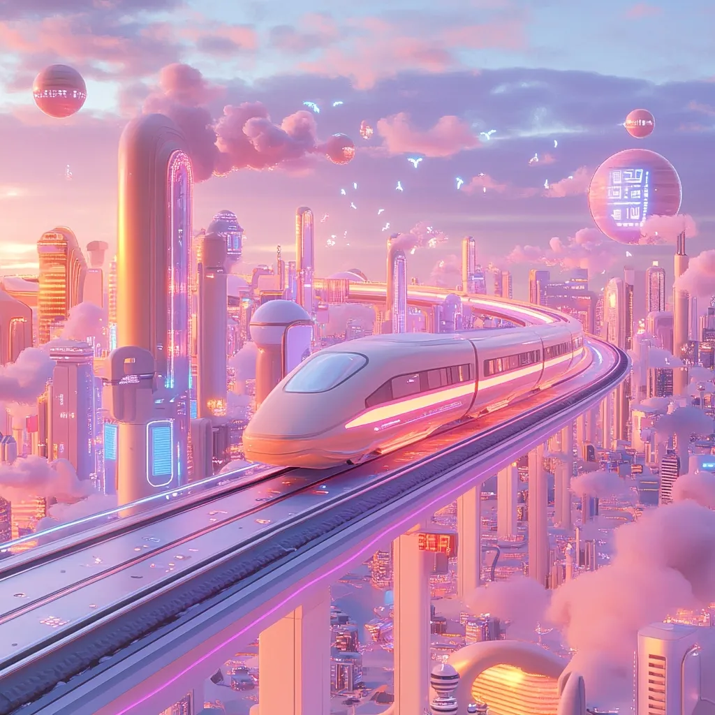 A high-speed train glides along an elevated track, traversing a futuristic cityscape bathed in a soft, pastel pink sunset.  The city features sleek, towering buildings with neon accents, floating islands, and unusual spherical objects in the sky.  Birds or drones fly amidst the clouds, adding to the dreamy, utopian atmosphere.  The overall aesthetic is one of vibrant, whimsical futurism.