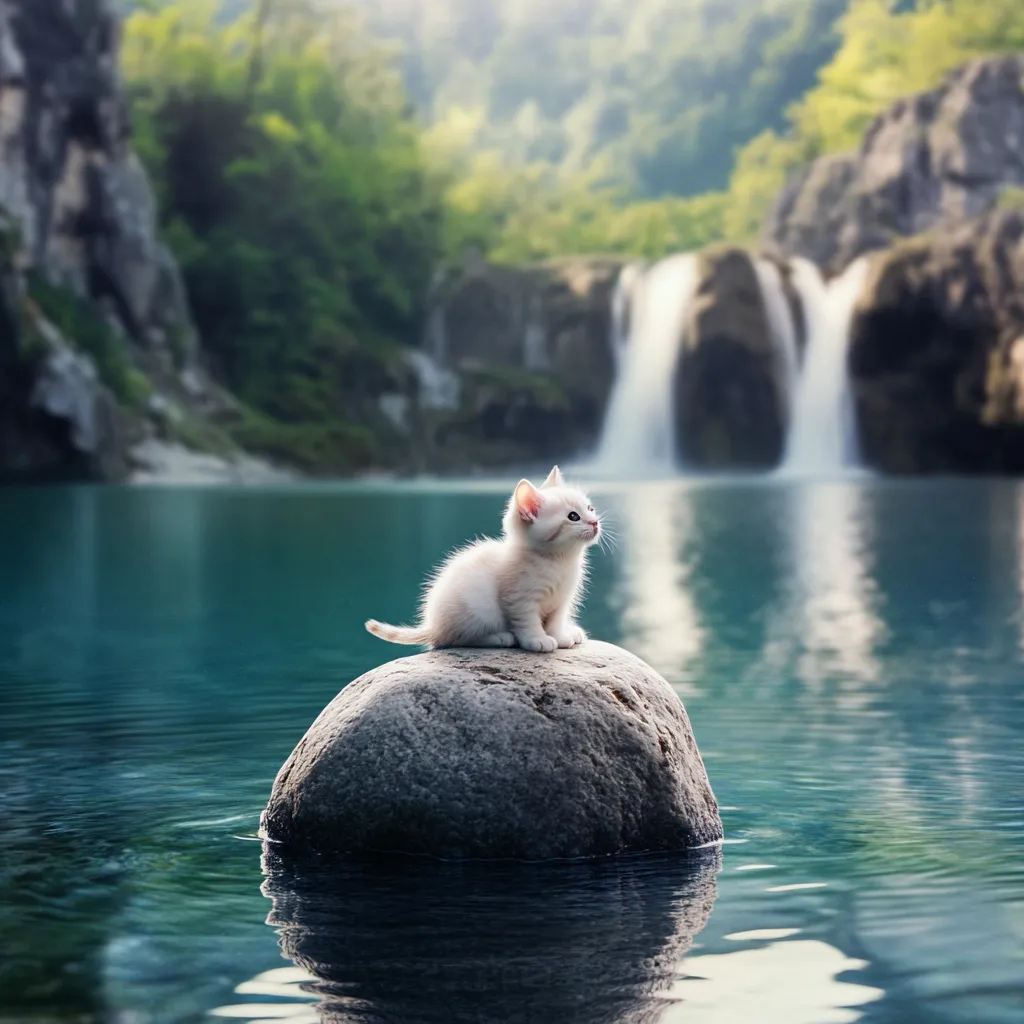 A fluffy white kitten sits atop a smooth, gray rock partially submerged in a serene, turquoise lake.  A waterfall cascades into the lake in the background, framed by lush green foliage and rocky cliffs. The tranquil scene evokes a sense of peace and wonder.  The kitten appears small and vulnerable against the vastness of the natural landscape.