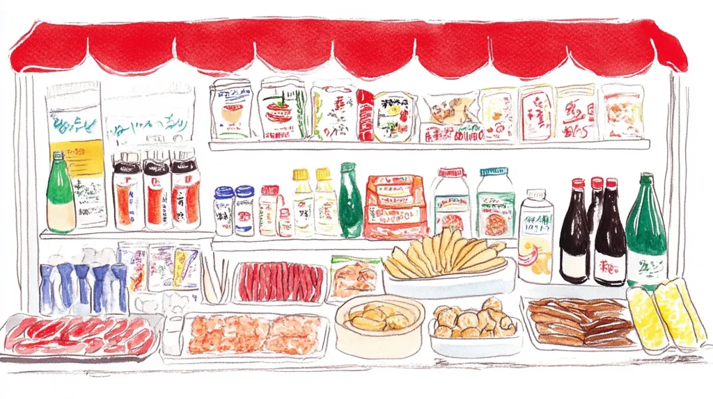 A whimsical watercolor illustration depicts a well-stocked Asian grocery stand.  Shelves overflow with various packaged goods, sauces, and drinks.  Below, fresh meats and prepared foods like fried snacks are displayed in containers.  The vibrant colors and hand-drawn style create a cheerful and inviting atmosphere, showcasing a diverse selection of Asian culinary staples. A red awning tops the stand, adding to its charming appeal.