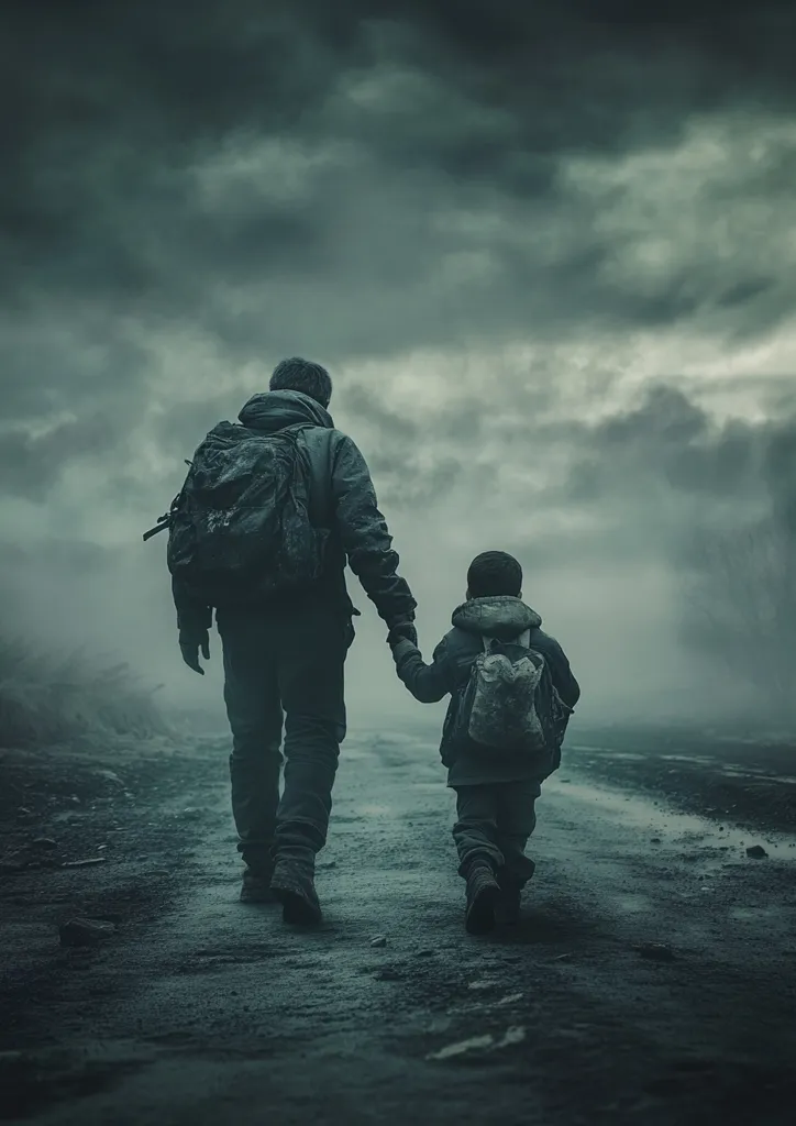 A man and a child, both carrying backpacks, walk hand-in-hand down a desolate road.  The sky is dark and stormy, the landscape bleak and misty.  Their journey suggests hardship and uncertainty, a poignant image of resilience and shared burden under a foreboding sky. The overall mood is somber and evocative.