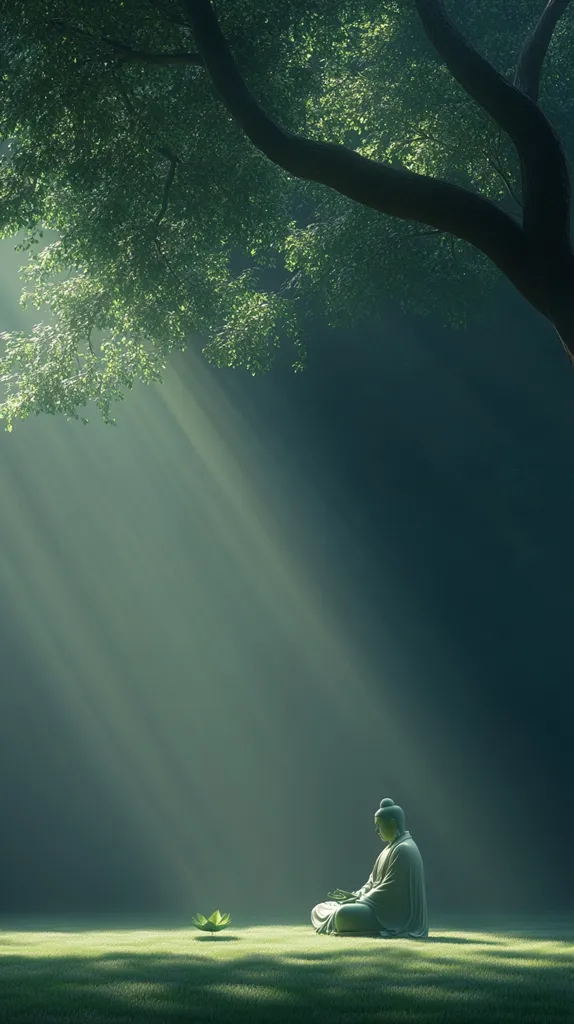 A serene image depicts a Buddha statue in a meditative pose on a grassy field, bathed in the soft, ethereal light filtering through the branches of a large tree.  The scene is peaceful and contemplative, with rays of sunlight illuminating the statue and creating a mystical atmosphere. A small lotus flower rests before the Buddha, enhancing the spiritual ambiance.  The overall mood is one of tranquility and inner peace.