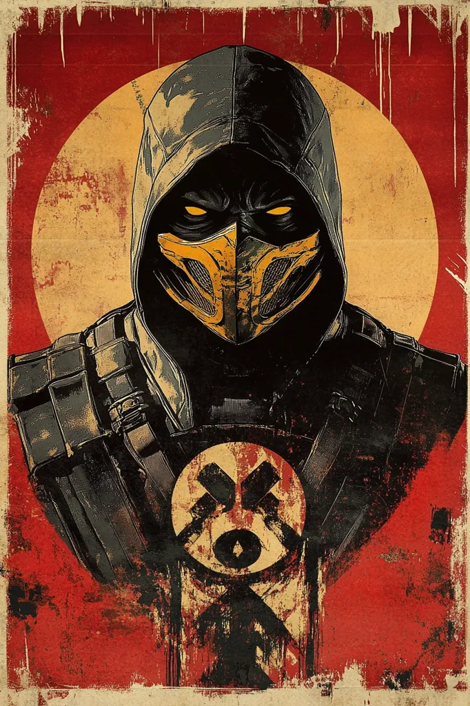A stylized portrait of Scorpion from Mortal Kombat.  He is depicted in his iconic mask and hooded attire, with glowing yellow eyes. The artwork uses a grunge aesthetic with a red and beige color scheme reminiscent of propaganda posters, featuring a distressed background and a circular element behind Scorpion's head. The overall style is dark, intense, and visually striking.
