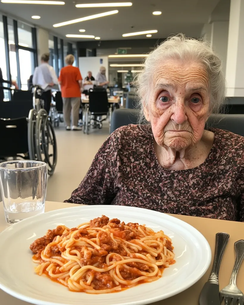 An elderly woman with a serious expression sits at a table in a nursing home or assisted living facility.  A plate of spaghetti with meat sauce sits before her.  Other residents are visible in the blurred background, using wheelchairs.  The scene is calm and suggests a daily routine.