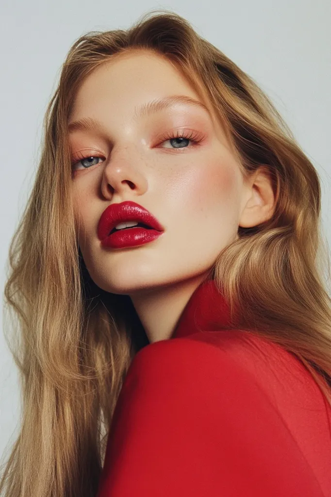 A young woman with long, flowing blonde hair is captured in a close-up shot.  She's wearing a vibrant red top, and her makeup features a striking red lipstick and subtle blush.  Her expression is soft, and her eyes are a captivating light blue. The overall aesthetic is one of classic beauty and elegance.