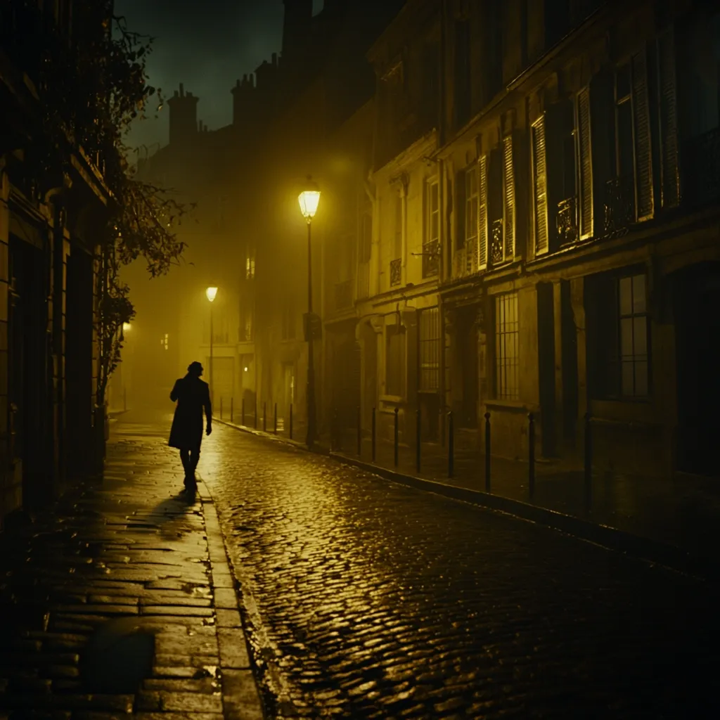 A lone figure walks down a cobblestone street in a dimly lit European city at night.  The street is shrouded in fog, and the warm glow of gas lamps illuminates the aged buildings lining the way.  The atmosphere is mysterious and evocative, suggesting a sense of solitude and perhaps a hint of suspense. The scene is beautifully composed, emphasizing the contrast between the solitary figure and the grand architecture.