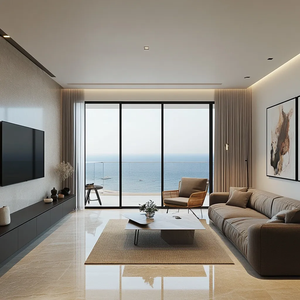 A modern living room boasts floor-to-ceiling windows offering breathtaking ocean views.  Neutral tones dominate the decor, with a sleek black media console, a brown couch, and a woven armchair. A low, contemporary coffee table sits on a beige rug, completing the sophisticated and minimalist design.  The polished marble floor reflects the natural light flooding the space.