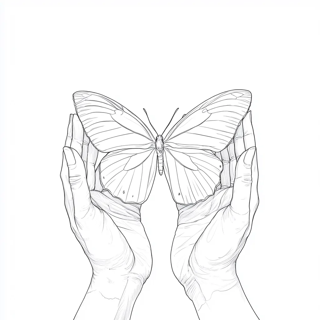 A detailed line drawing showcases a large butterfly gently cradled within two hands. The butterfly's wings are meticulously rendered, displaying intricate vein patterns. The hands are depicted with careful attention to detail, showing delicate lines and wrinkles. The overall composition suggests a theme of care, fragility, and the beauty of nature. The image is stark white and black, enhancing its minimalist aesthetic.