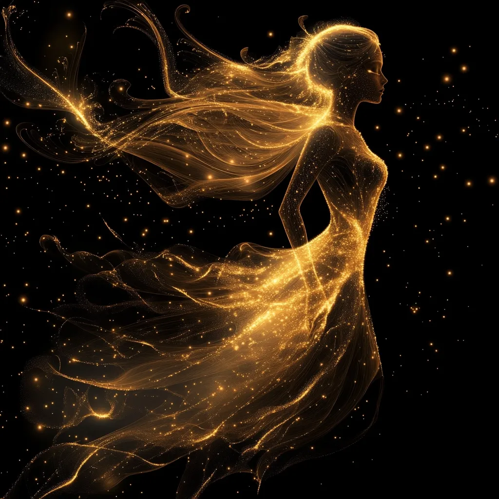 A shimmering, golden figure, reminiscent of a celestial being or goddess, gracefully flows across a black background speckled with tiny stars.  Her form is composed of glowing particles, creating a dress and flowing hair that appear ethereal and weightless. The overall impression is one of elegance, magic, and otherworldly beauty.