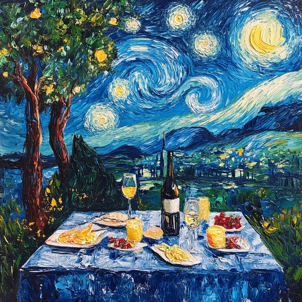 A vibrant painting in the style of Van Gogh's "Starry Night" depicts a picnic scene.  A table laden with food and wine sits under a tree, against a backdrop of a swirling night sky filled with bright stars and a crescent moon.  The impasto technique creates a textured, expressive surface, emphasizing the dreamy atmosphere of the nighttime setting.  The colors are bold and richly applied, capturing a sense of movement and light.