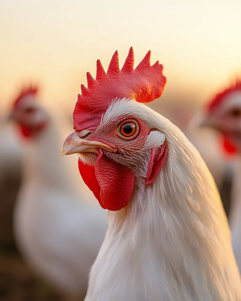 Close-up of a white rooster with a vibrant red comb and wattles.  The rooster is in sharp focus, while other chickens are blurred in the background, suggesting a flock.  The warm, soft light suggests sunrise or sunset, creating a peaceful and idyllic scene. The rooster's eye is intensely orange.