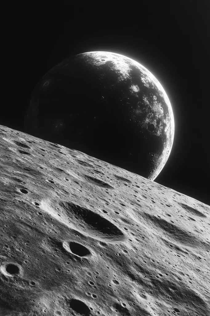 A grayscale image shows a portion of a cratered celestial body, possibly a moon or planet, in the foreground.  A large, partially illuminated celestial body, resembling a crescent moon, dominates the upper right, contrasting against the dark background of space. The foreground displays a textured surface densely packed with impact craters of varying sizes, showcasing the effects of meteoroid bombardment. The overall scene evokes a sense of vastness and the harsh beauty of space.