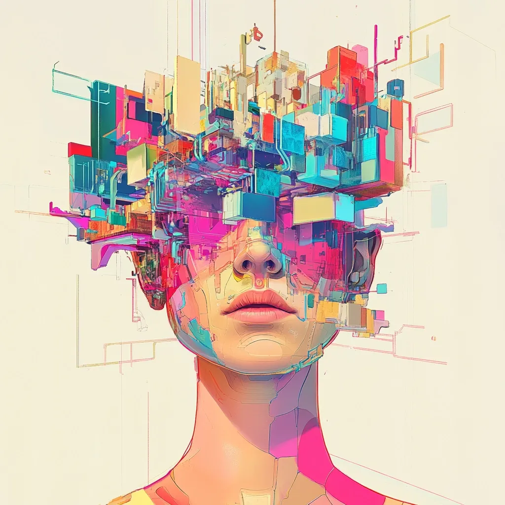 A vibrant, abstract portrait of a person's head and shoulders.  A complex, colorful, three-dimensional cityscape of geometric shapes and structures sits atop the head, obscuring the eyes and suggesting a merging of the physical and digital worlds. The overall style is digital art, with bold lines and a vivid color palette dominated by pinks, blues, and yellows. The image evokes themes of technology, imagination, and the human mind's connection to a vast, interconnected system.