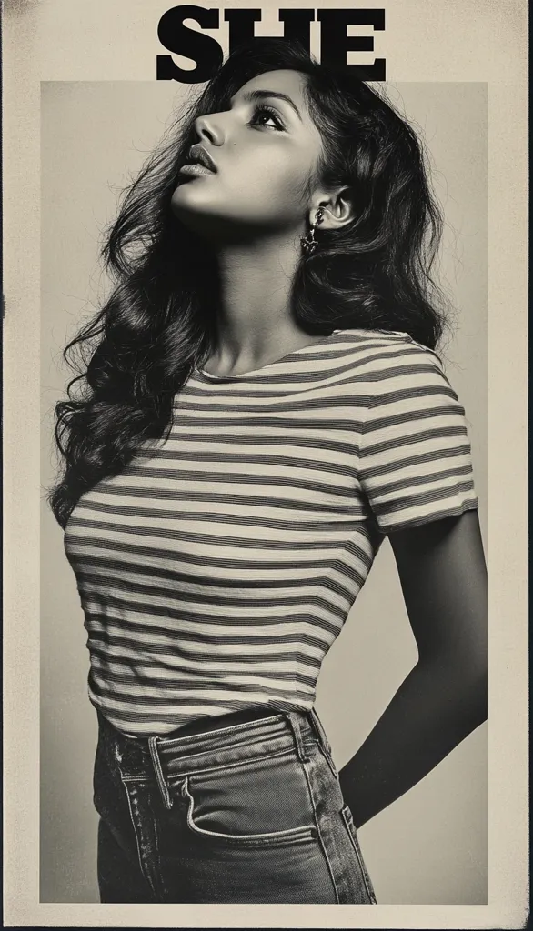 A black and white, portrait-style photograph of a young woman.  She is looking upward, her long dark hair cascading around her shoulders.  She's wearing a horizontally striped shirt and jeans. The word "SHE" is prominently displayed in bold, uppercase letters above her head, suggesting a promotional image or magazine cover. The overall tone is stylish and evocative.