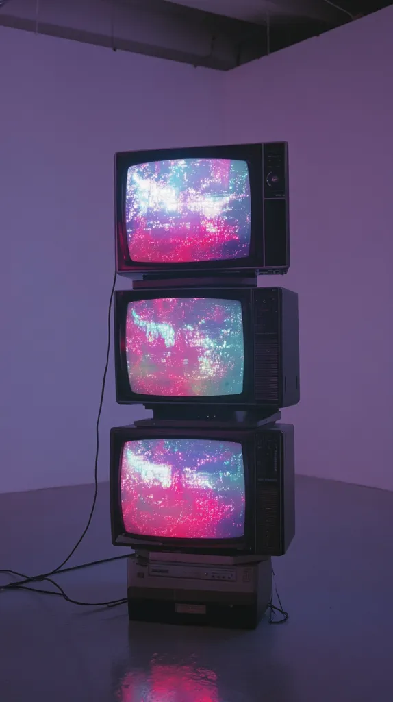 Three vintage televisions are stacked vertically in a dimly lit room, their screens displaying a mesmerizing blend of pink and blue static.  The vibrant, abstract patterns on each screen create a striking visual effect. The overall aesthetic is retro and slightly surreal, evoking a sense of nostalgia and technological wonder. The televisions sit atop a VCR, completing the vintage tech stack.