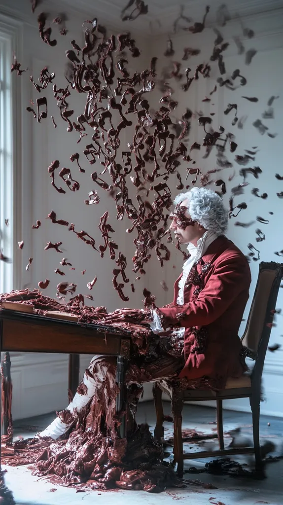 A man in 18th-century attire sits at a table, his body and surroundings enveloped in a dark, viscous substance resembling melted chocolate.  Musical notes, also formed from the same material, float and swirl around him, creating a surreal and dramatic scene.  The overall impression is one of artistic expression, perhaps exploring themes of creative energy or overwhelming inspiration.