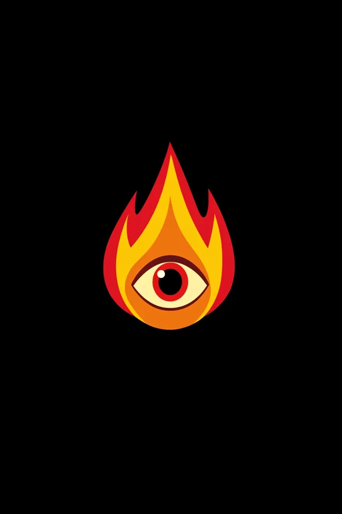 The image shows a stylized eye encircled by flames. The eye is red with a smaller black pupil, and the flames are depicted in shades of orange and red, creating a teardrop shape against a black background. The design is simple yet striking, conveying a sense of intensity and perhaps even danger or mystery.  The overall aesthetic is bold and graphic.
