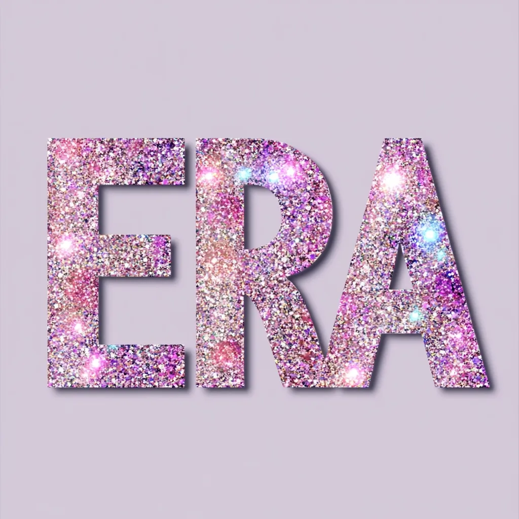 The word "ERA" is depicted in large, capital letters. Each letter is filled with glittering, pink and purple sparkles, creating a sparkly, glamorous effect.  The letters cast a subtle shadow on the light purple background, enhancing the three-dimensional appearance. The overall design is visually striking and celebratory.