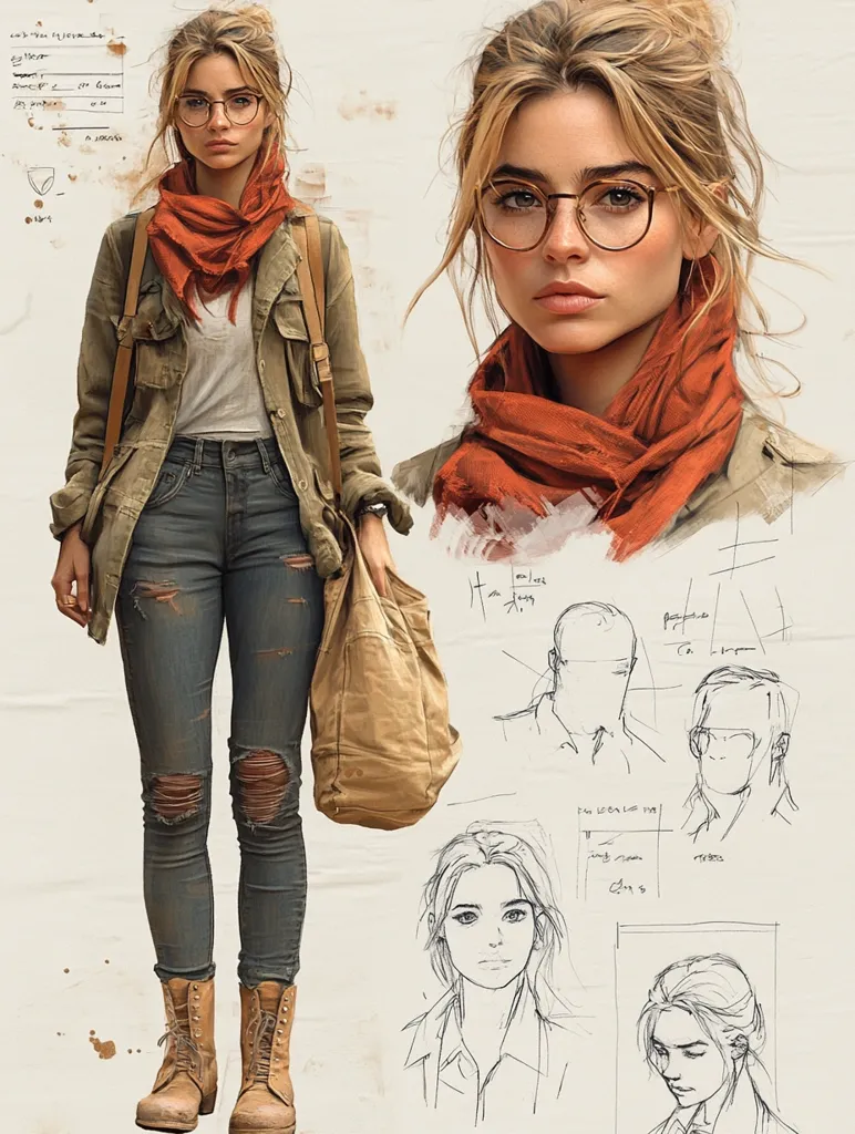 A digital painting showcases a young woman with blonde hair in a casual outfit. She wears round glasses, a rust-colored scarf, a green jacket, ripped jeans, and tan boots.  The image includes sketches of her face and different hairstyles, suggesting a design process. The overall style is realistic, with a focus on detail and texture.  The background is a light beige, with various design notes scattered across the page.