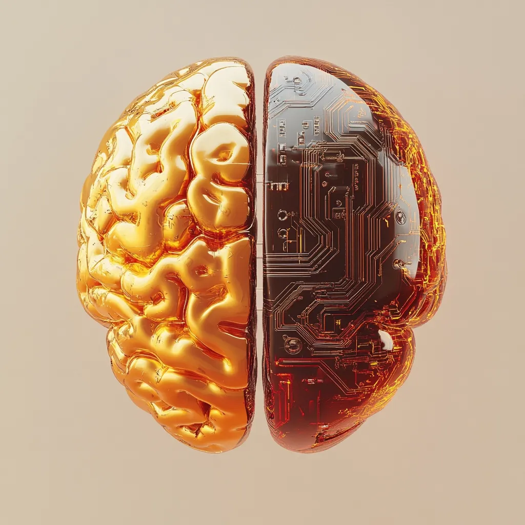 A 3D rendering depicts a human brain bisected, revealing contrasting halves.  One side is rendered in gleaming gold, representing the biological brain. The other half is translucent amber, showcasing intricate circuit board patterns, symbolizing artificial intelligence or technological integration with the human mind.  The image suggests the merging of organic and artificial intelligence.