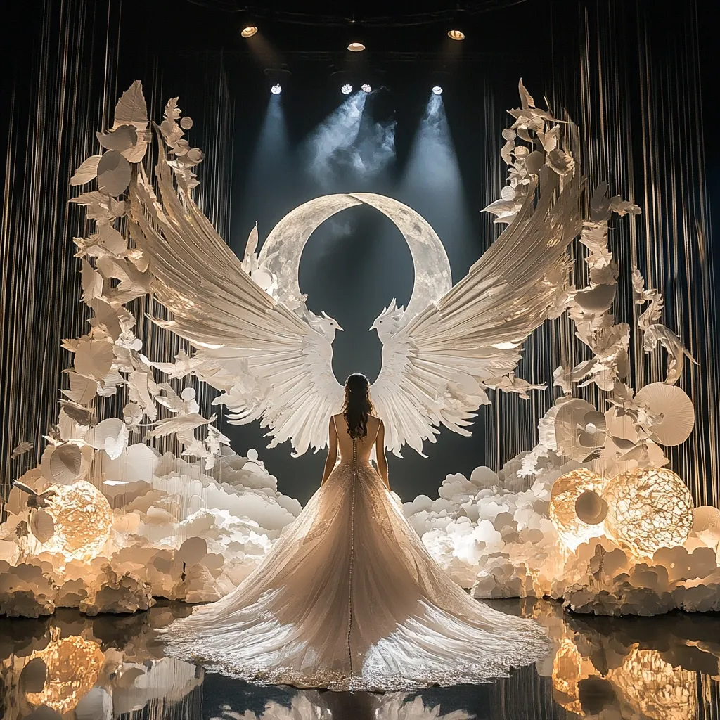 A bride in a flowing white wedding gown stands before a breathtaking backdrop.  Giant, ethereal white wings frame her, positioned against a large, illuminated moon.  The scene is enhanced by delicate paper birds and clouds, complemented by soft, glowing orbs of light, creating a magical and romantic atmosphere. The overall effect is one of serene beauty and otherworldly elegance.