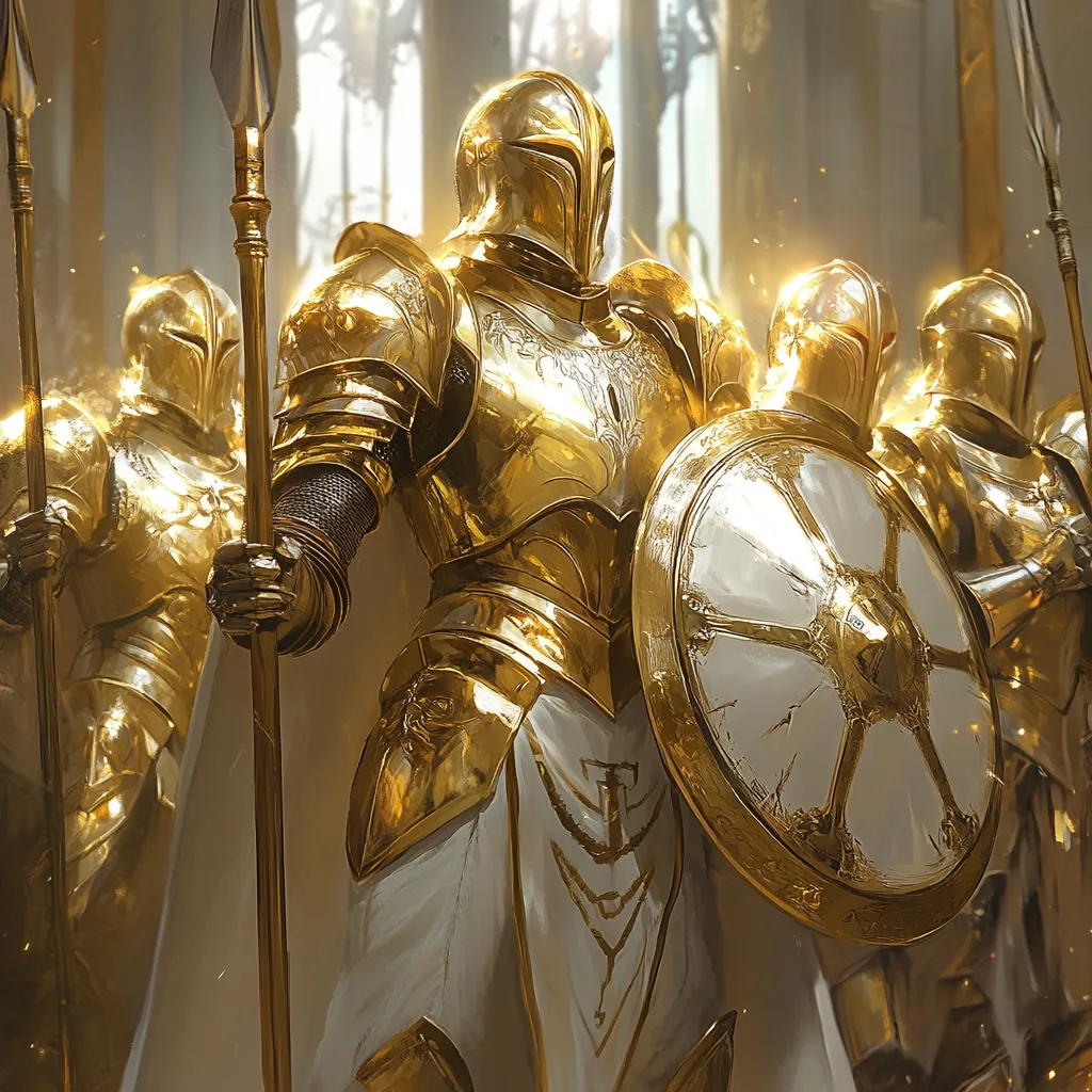 A central golden knight, clad in ornate armor and wielding a spear and shield, stands prominently. Flanked by similar knights, all in gleaming gold armor, they form a majestic and powerful unit. The setting appears to be a grand hall, bathed in warm, golden light, emphasizing the regal nature of the scene.  The knights' expressions are hidden by their helmets, yet their imposing stance conveys strength and unwavering resolve.
