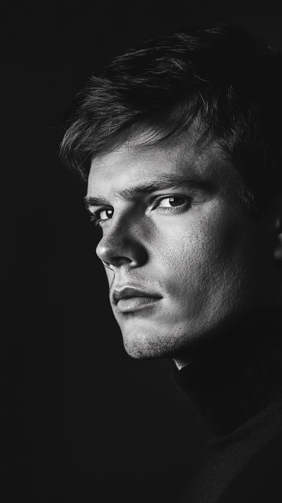 A black and white close-up portrait of a young man.  His face is partially shadowed, highlighting his strong jawline and intense gaze.  His hair is styled neatly, and he appears to be wearing a turtleneck. The image evokes a feeling of seriousness and contemplation. The contrast between light and shadow creates a dramatic effect.