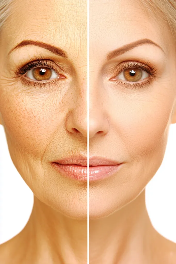 A split-face image showcases the dramatic effects of anti-aging treatments.  The left side displays visible wrinkles, age spots, and crepey skin around the eyes and mouth.  The right side reveals smoother, tighter skin with reduced wrinkles and a more youthful appearance.  The comparison highlights the potential for significant skin rejuvenation.
