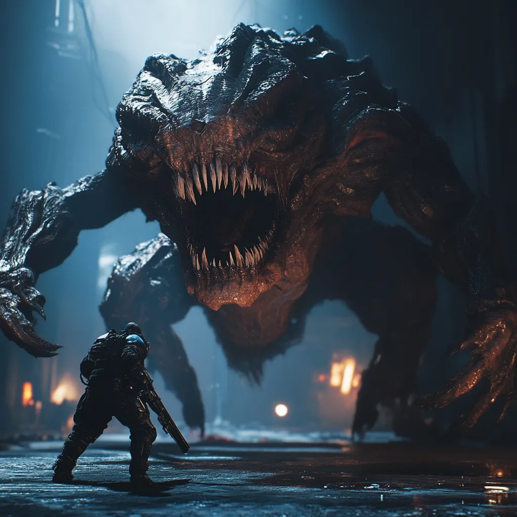 A lone soldier in dark armor faces a colossal, monstrous creature. The beast, with sharp teeth and clawed hands, looms over the soldier, filling the frame. The scene is dimly lit, with a dark, gritty atmosphere.  The soldier seems small and vulnerable against the overwhelming size and ferocity of the monster.  The image suggests a tense, action-packed moment from a video game or science fiction film.