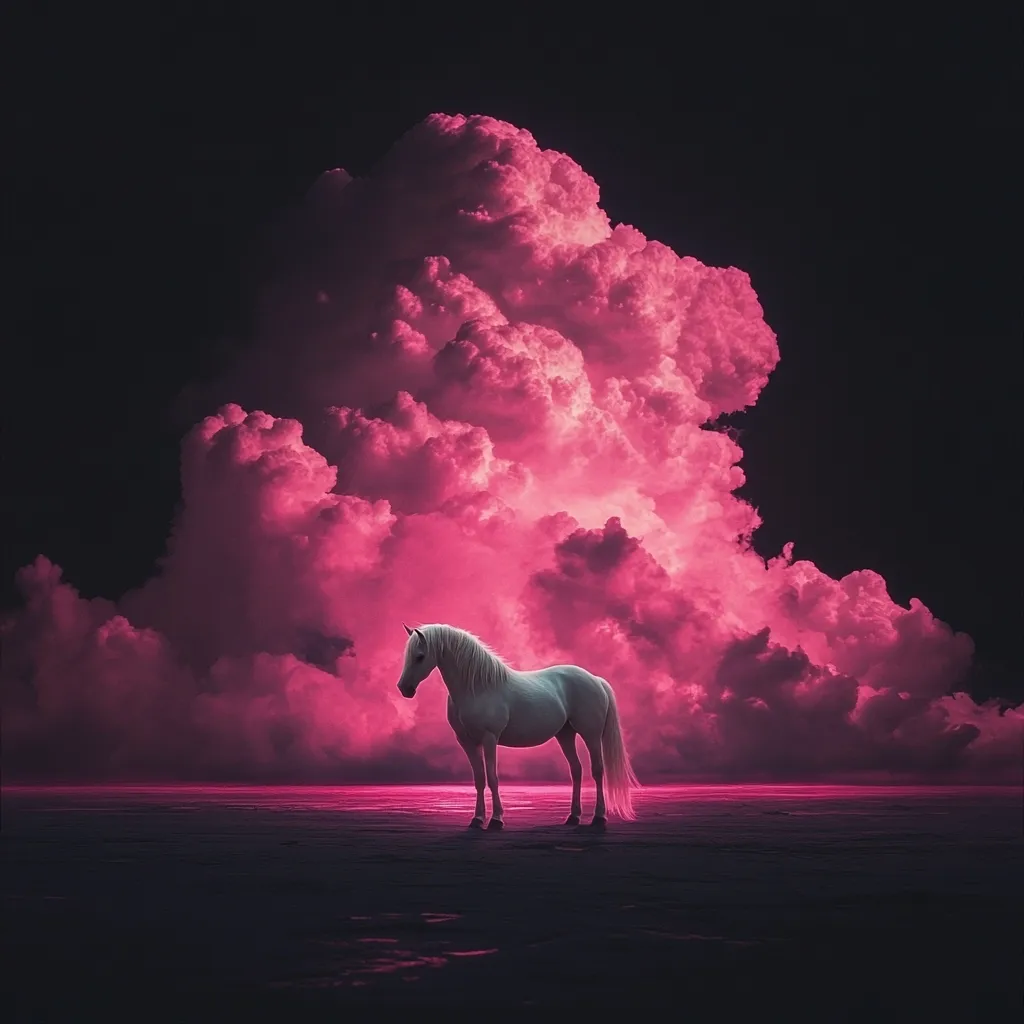 A solitary white horse stands on a dark, flat land beneath a massive, vibrant pink cloud formation. The sky is a deep black, creating a striking contrast with the horse and the intensely colored clouds.  The scene evokes a sense of mystery and surreal beauty, like a dreamlike landscape. The horse appears calm and serene against the dramatic backdrop.