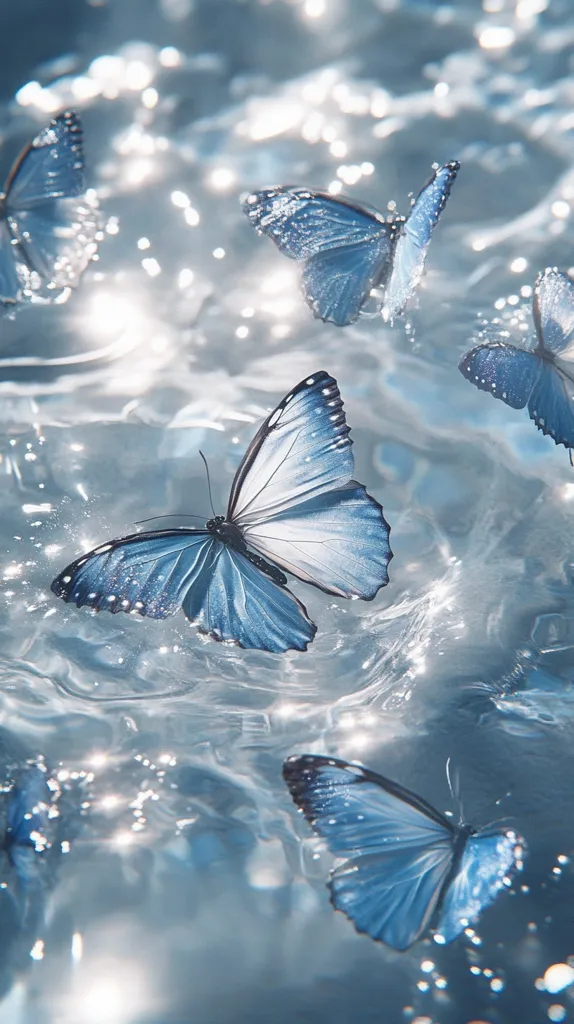 Several light blue butterflies gracefully float on shimmering water.  The water's surface reflects sunlight, creating a sparkling, ethereal effect. The butterflies' wings appear delicate and translucent, almost blending with the watery background.  The overall image evokes a sense of serenity and magical beauty.