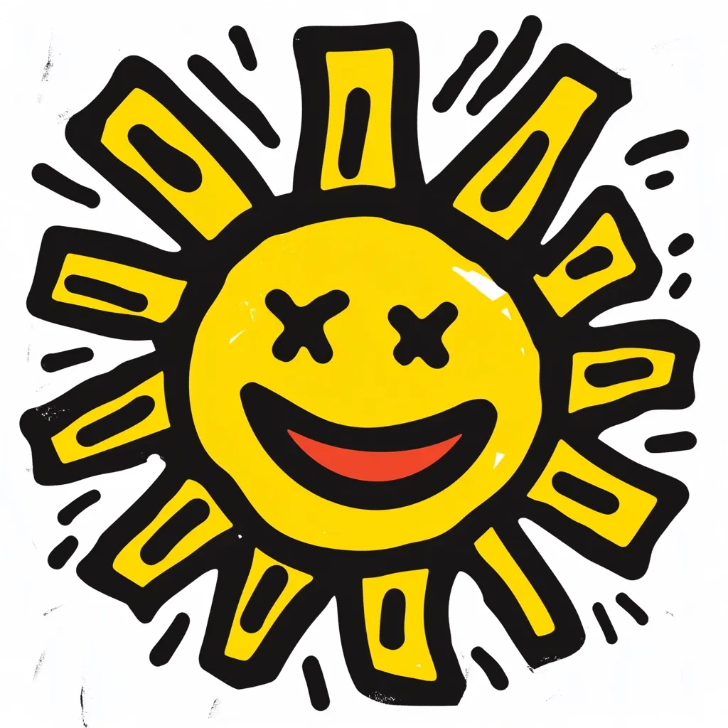 A cheerful cartoon sun with a wide, red smile and X's for eyes dominates the image.  Its rays are depicted as thick, black-outlined yellow rectangles radiating outwards.  The style is reminiscent of child-like drawings, bold and expressive with a slightly distressed texture around the edges. The sun's face is bright yellow, contrasting sharply with its black outline.