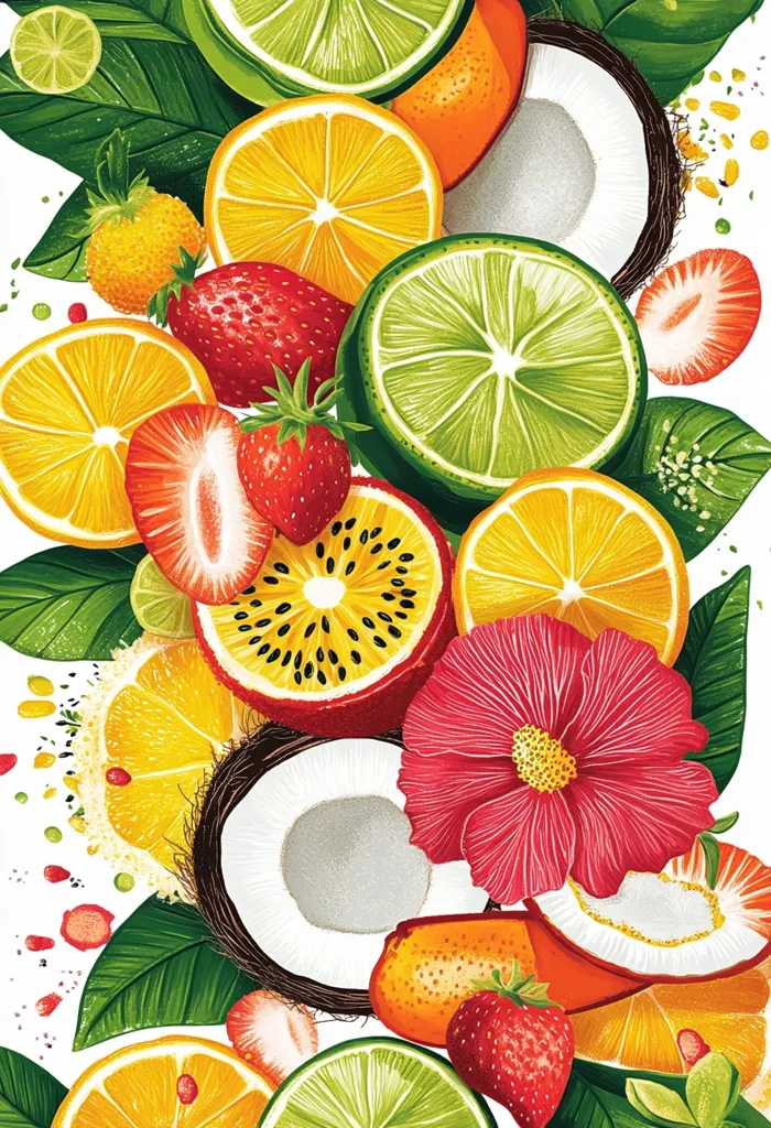 A vibrant illustration features a cascade of tropical fruits and a hibiscus flower.  Slices of oranges, limes, and a passion fruit are interspersed with halved strawberries and coconut halves.  Lush green leaves add to the tropical feel. The composition is dense and colorful, creating a visually appealing and refreshing image.