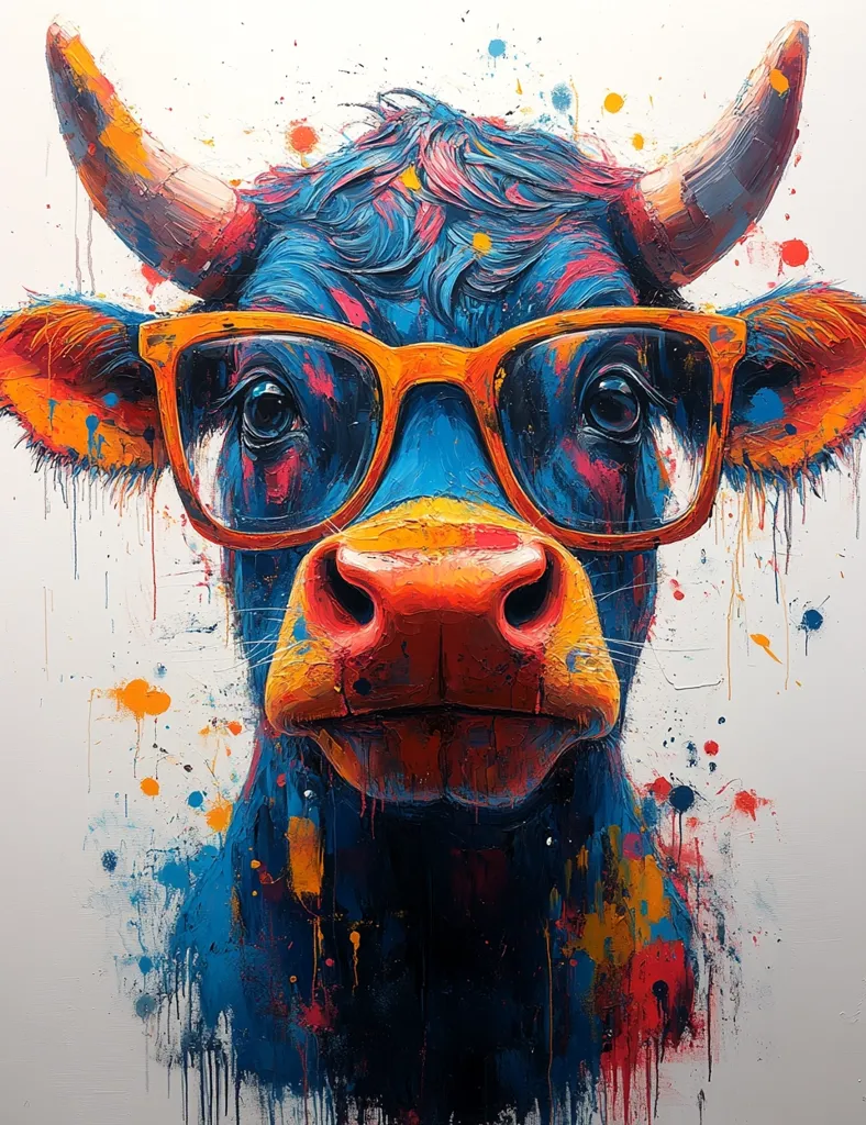 A vibrant, expressive painting of a cow wearing orange-rimmed glasses. The artwork is rendered in a bold, impasto style with a palette of blues, oranges, and reds.  The cow's face is the focal point, its features accentuated by the thick paint application and splashes of color that surround it. The overall style is modern and playful.
