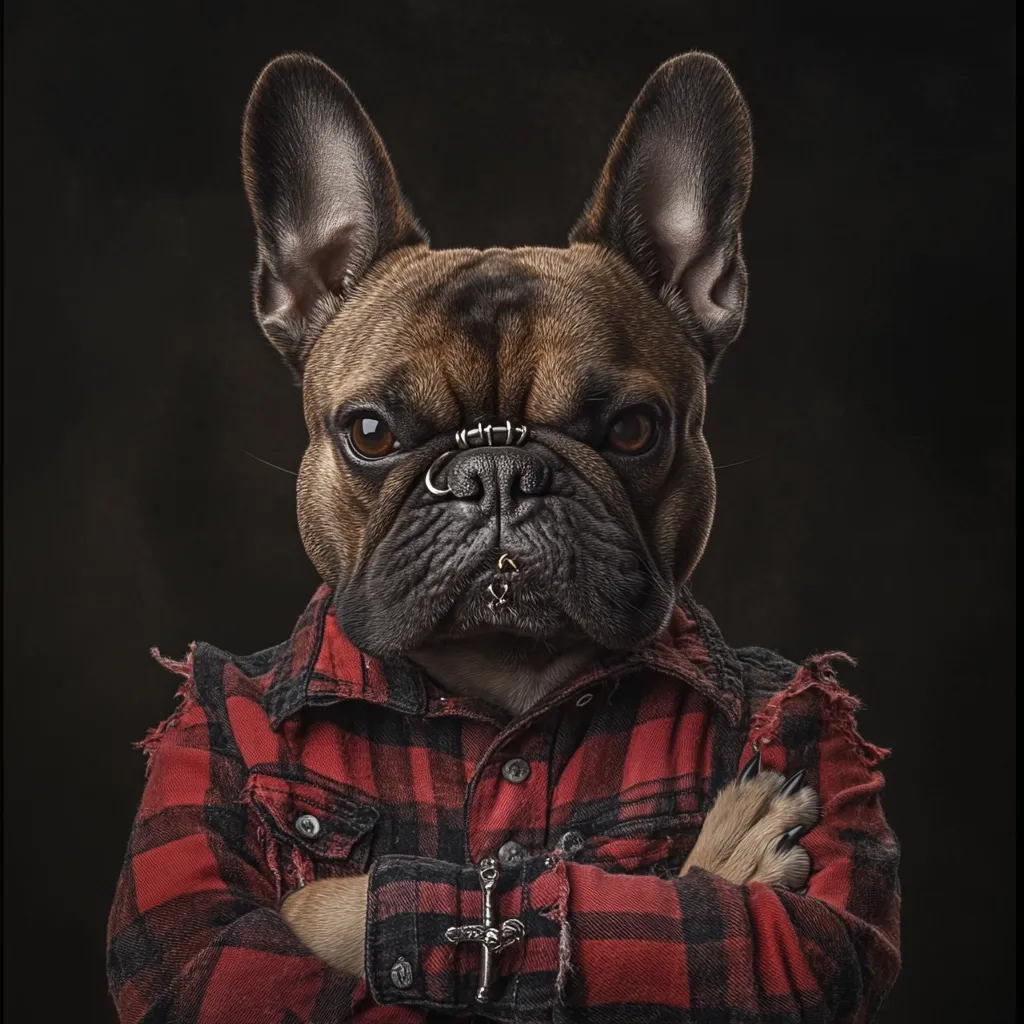 A French Bulldog, sporting multiple piercings and a red and black plaid shirt, stares intently at the camera. Its arms are crossed, displaying a tough demeanor. The dark background contrasts sharply with the dog's attire and fur, creating a dramatic effect.  The image is a stylized portrait, possibly digitally enhanced.