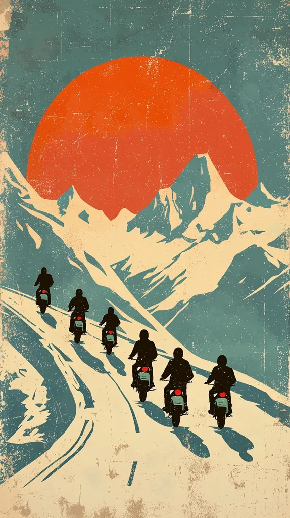A vintage-style illustration depicts a group of motorcyclists riding along a winding mountain road.  The setting sun casts a large orange orb behind a snow-capped mountain range. The image is rendered in muted colors with a textured, aged effect, reminiscent of a travel poster or album cover. The motorcycles and riders are silhouetted, emphasizing the journey and the majestic landscape.