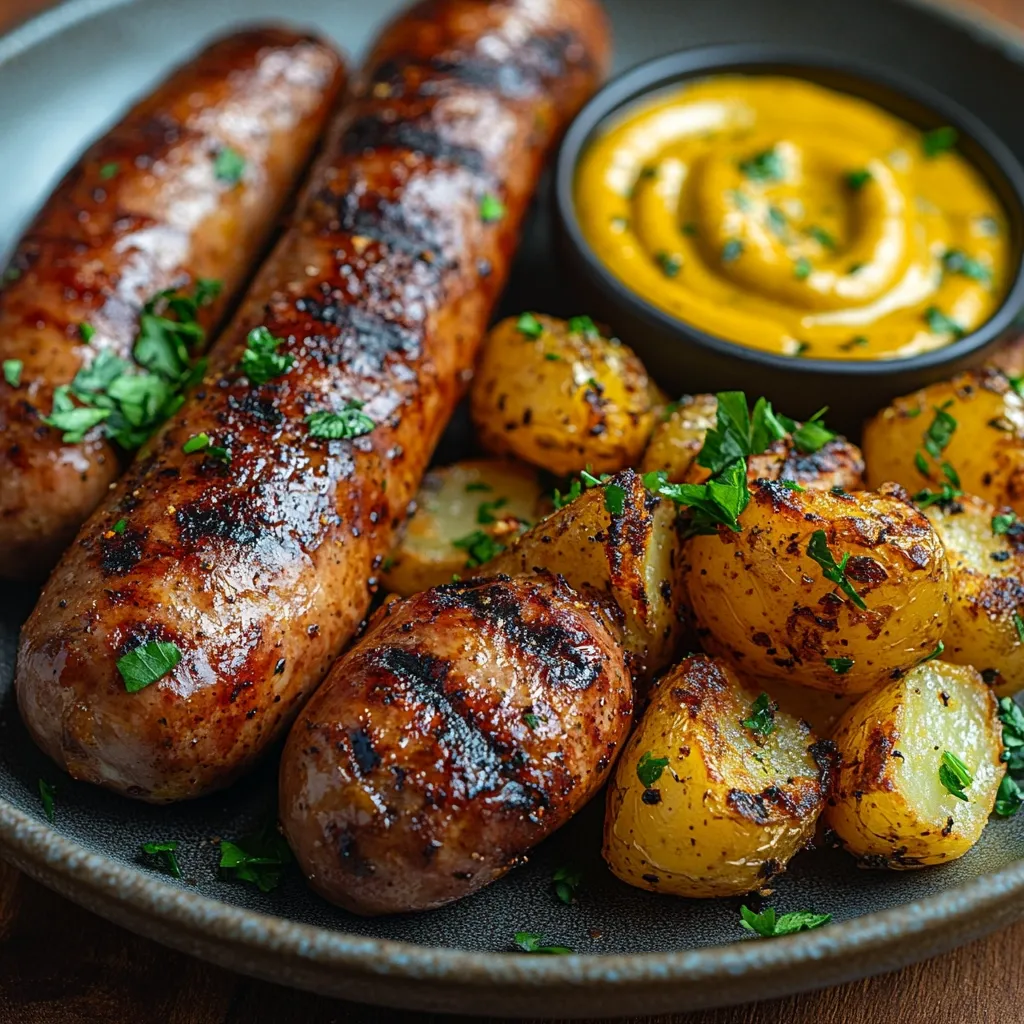 A close-up shot of a plate of grilled sausages and roasted potatoes.  The sausages are plump and have a delicious char, garnished with fresh parsley.  The potatoes are golden brown and seasoned.  A small bowl of yellow mustard sits beside the main course, adding a vibrant pop of color.  The overall image suggests a hearty and flavorful meal.