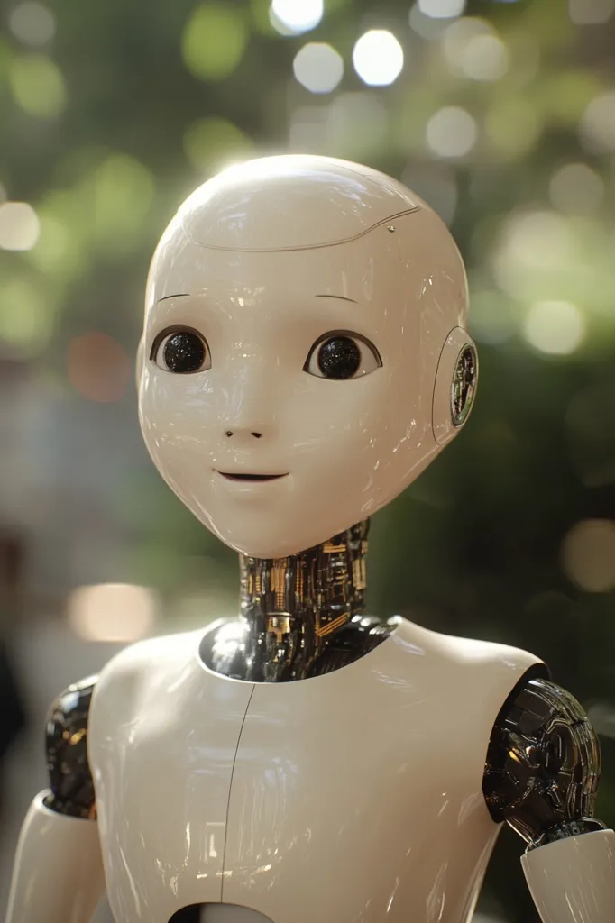A close-up reveals a childlike robot, its off-white skin gleaming subtly.  Large, dark eyes and a subtly smiling mouth lend a surprisingly lifelike expression.  Visible metallic joints and circuitry at the neck hint at its mechanical nature. The robot stands against a softly blurred green background, suggesting an outdoor setting.
