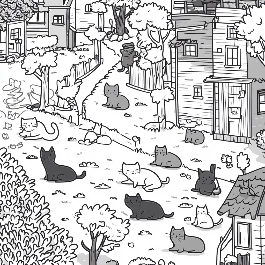 A whimsical black and white illustration depicts a charming neighborhood scene teeming with cats.  Numerous felines of varying sizes and poses are scattered throughout lushly drawn gardens and alongside quaint houses.  The style is cartoonish and playful, with detailed trees, fences, and buildings adding depth to the scene.  The overall tone is lighthearted and peaceful.