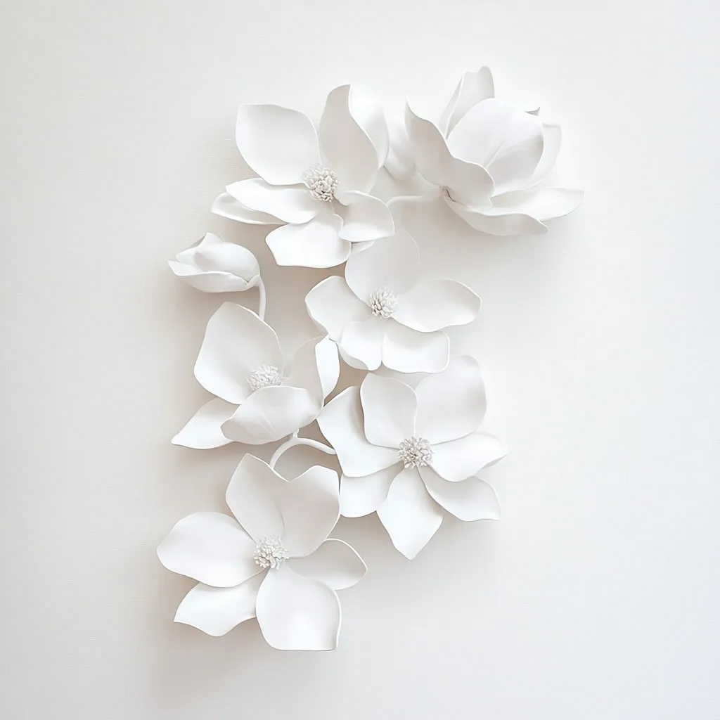 A cluster of large, white, sculpted flowers adorns a white wall.  The flowers, possibly magnolias, are arranged in a cascading pattern, creating a three-dimensional floral artwork.  Their smooth, matte surface and simple design contribute to a minimalist, elegant aesthetic.  The overall effect is one of refined simplicity and understated beauty.
