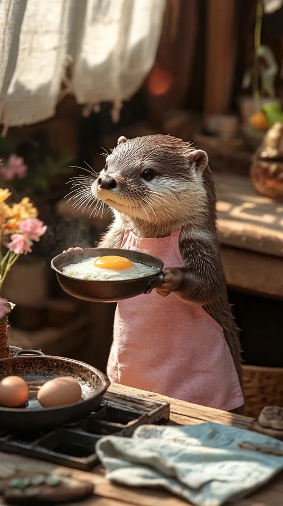 An adorable otter, wearing a pink apron, proudly presents a perfectly cooked fried egg in a small pan.  The otter stands at a rustic wooden table with other cooking implements nearby, including a skillet with additional eggs.  The scene is bathed in warm, natural light, creating a charming and whimsical atmosphere.