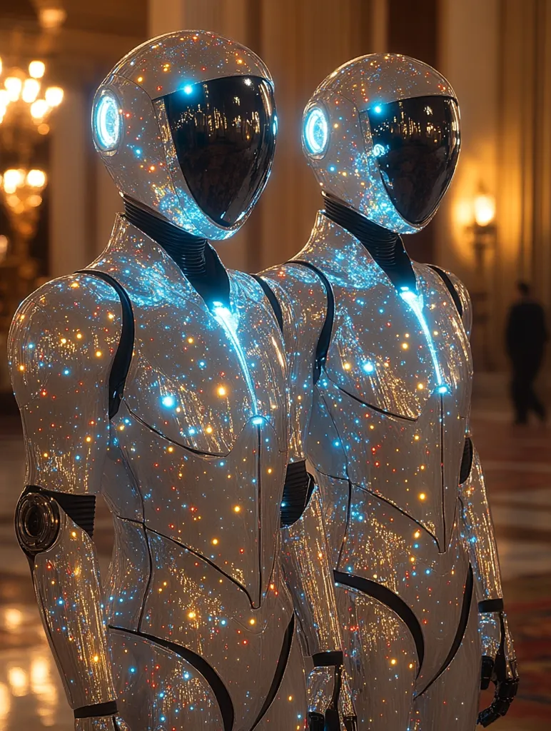 Two humanoid robots stand side-by-side, their sleek, white bodies adorned with sparkling lights resembling a starry night sky.  Their helmets feature glowing blue accents, and their design is both futuristic and elegant. The robots appear to be in a grand, dimly lit interior space, suggesting a setting of sophistication and advanced technology.  Their poses are poised and still, creating a striking visual effect.