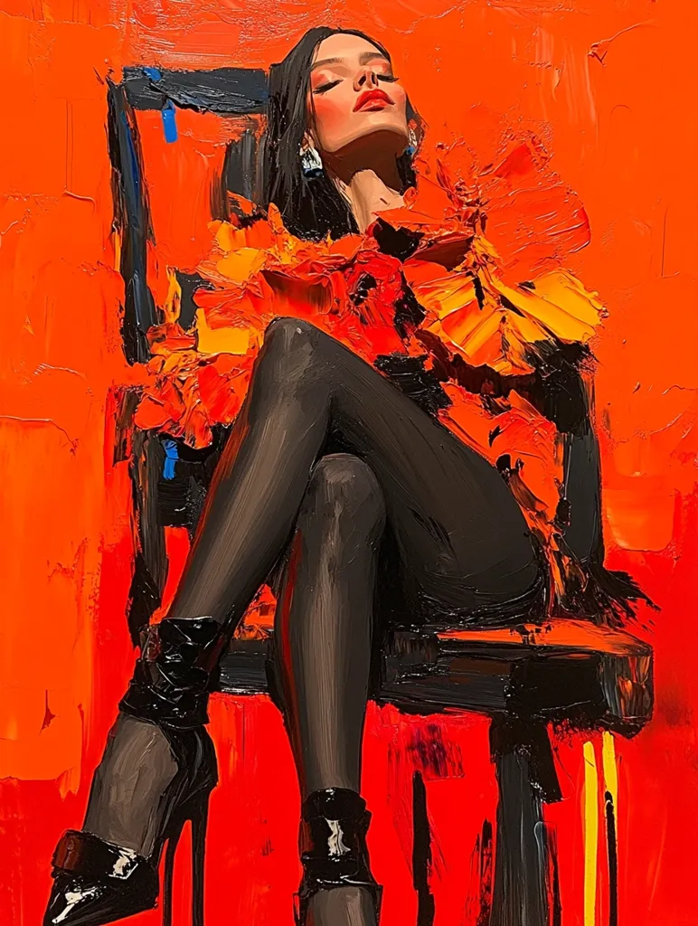 A vibrant oil painting depicts a woman with dark hair and black stockings sitting in a chair against a fiery orange background.  She wears a ruffled orange top and black high-heeled boots.  The artist employs impasto techniques, creating a textured, expressive style that emphasizes the bold colors and the woman's languid pose.  The overall mood is dramatic and sensual.
